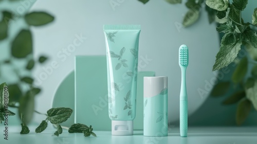 Mint flavored toothpaste tube and toothbrush on a green background surrounded by fresh mint leaves for dental care and freshness concept photo