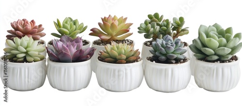 Succulent Plants Arrangement in White Self Watering Cachepots Isolated on White Background with Space for Text or Branding photo