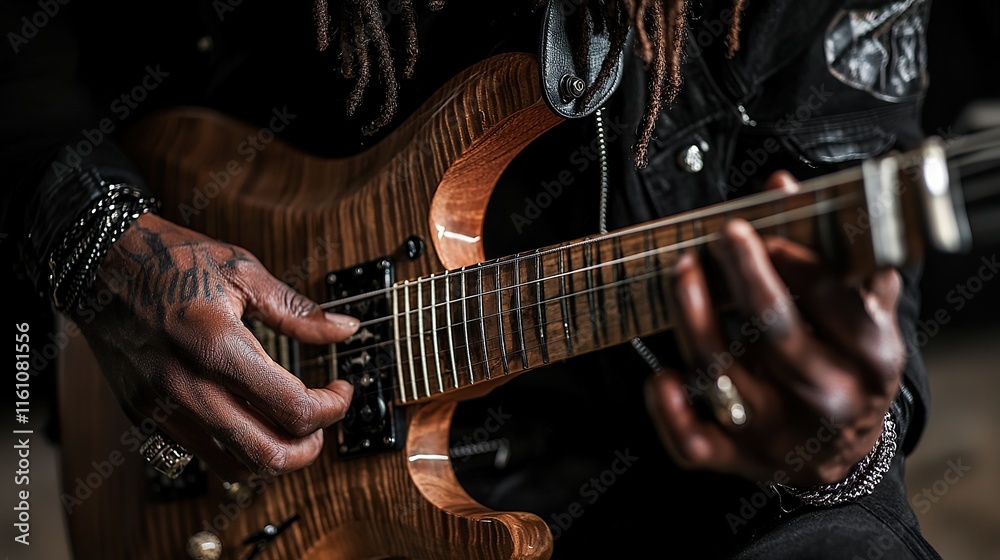 Fototapeta premium Musician carefully tunes guitar while preparing for performance in a studio