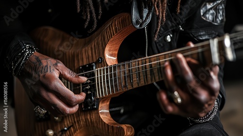Musician carefully tunes guitar while preparing for performance in a studio