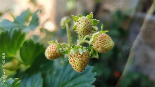 Ripening strawberries on a plant showcasing fresh growth in a lush garden setting highlighting nature's beauty and agricultural abundance photo