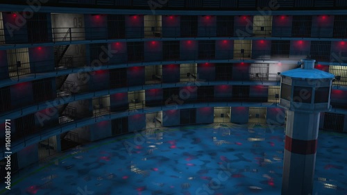 Panopticom prison animation. Camera panning inside round empty prison at night with spotlight on. Seamless loop. 3d rendering photo