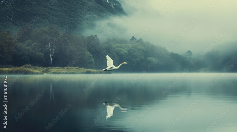 Fototapeta premium Majestic swan soaring over a serene lake enveloped in morning mist and tranquility