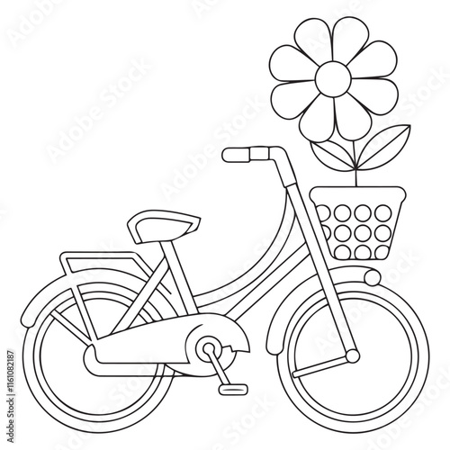 Bicycle with a basket of flowers black and white illustration for coloring