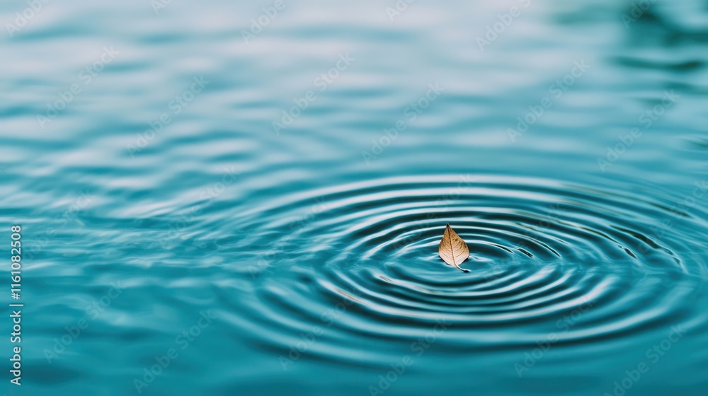 Circular ripples on a pond with a single falling leaf, representing life s impact and mindfulness Circular ripples on a pond with a single falling leaf, representing life s impact and mindfulness