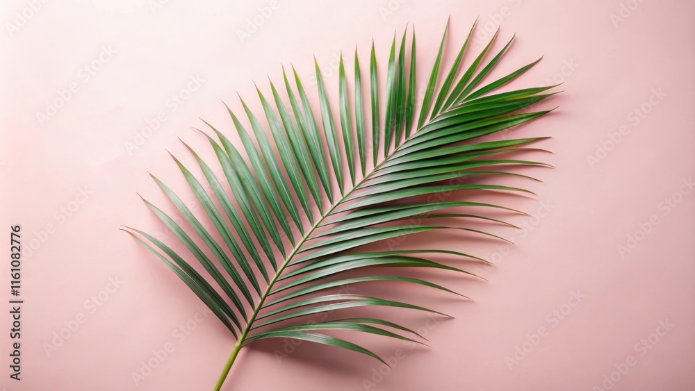 Obraz premium A single palm frond against a soft pink background, a minimal tropical aesthetic.
