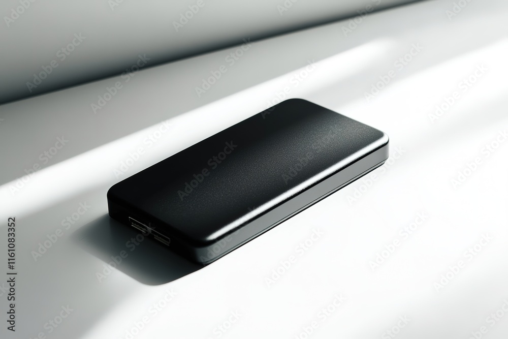 sleek portable ssd drive displayed on smooth white surface under bright directional lighting