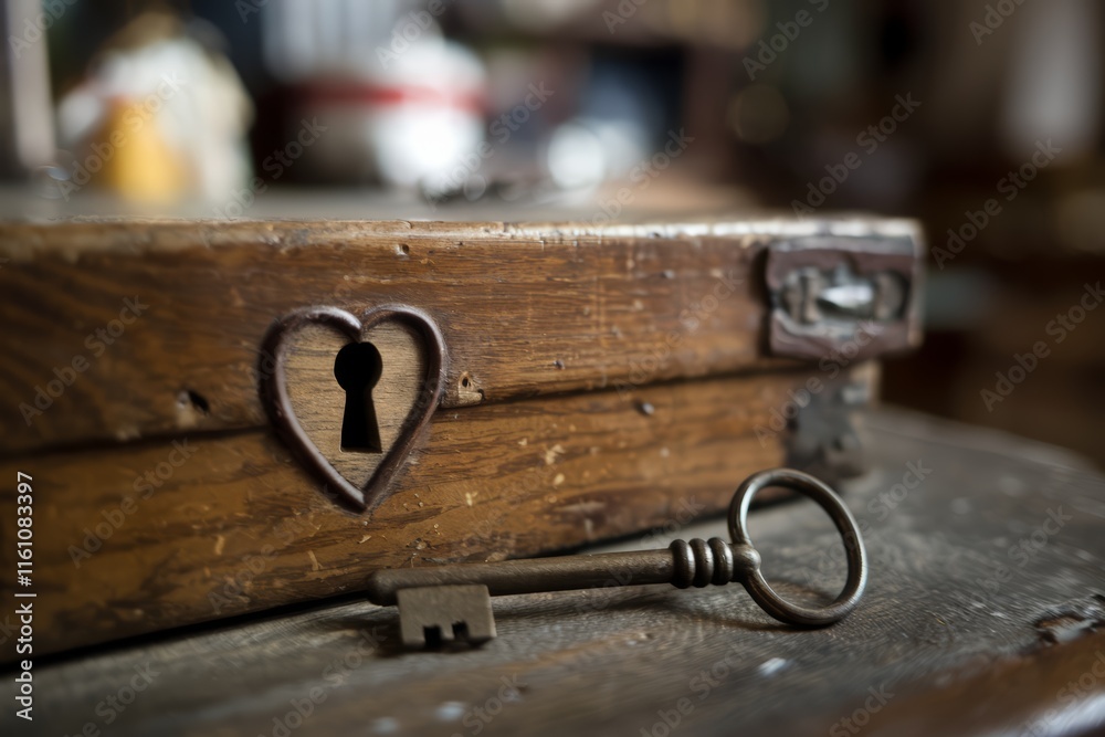 Rustic wooden box with heart-shaped keyhole and antique key. Rustic wooden box with heart-shaped keyhole and antique key.