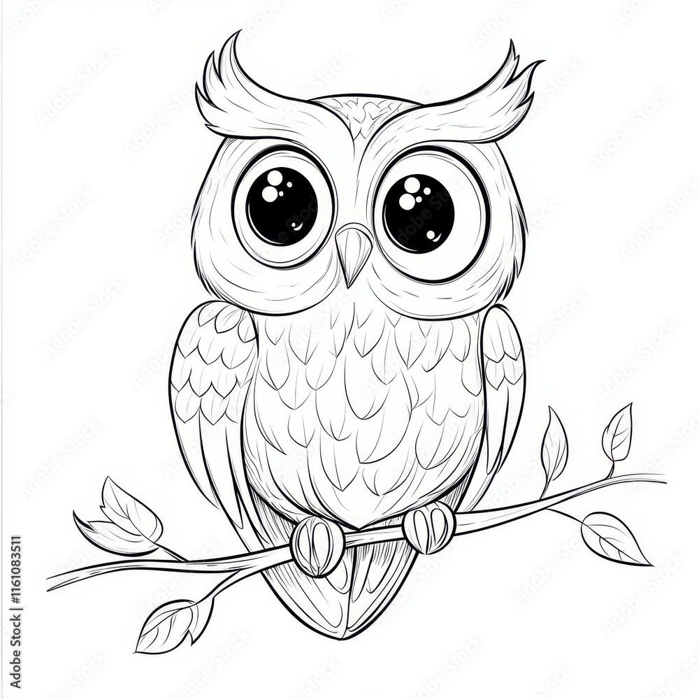 Fototapeta premium Adorable Cartoon Owl Perched on Branch 