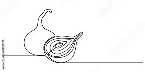 Two bulbs of onions. Harvest. Continuous line drawing. Vector illustration, Continuous one line drawing of onion for grocery store. One line drawing illustration of red onion vegetable. Raw vegetable.