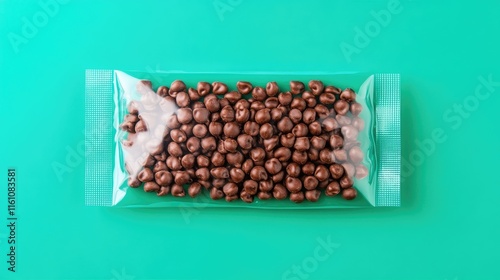 Chocolate coated corn snacks packed in clear plastic on a vibrant green background appealing to snack enthusiasts and food lovers photo