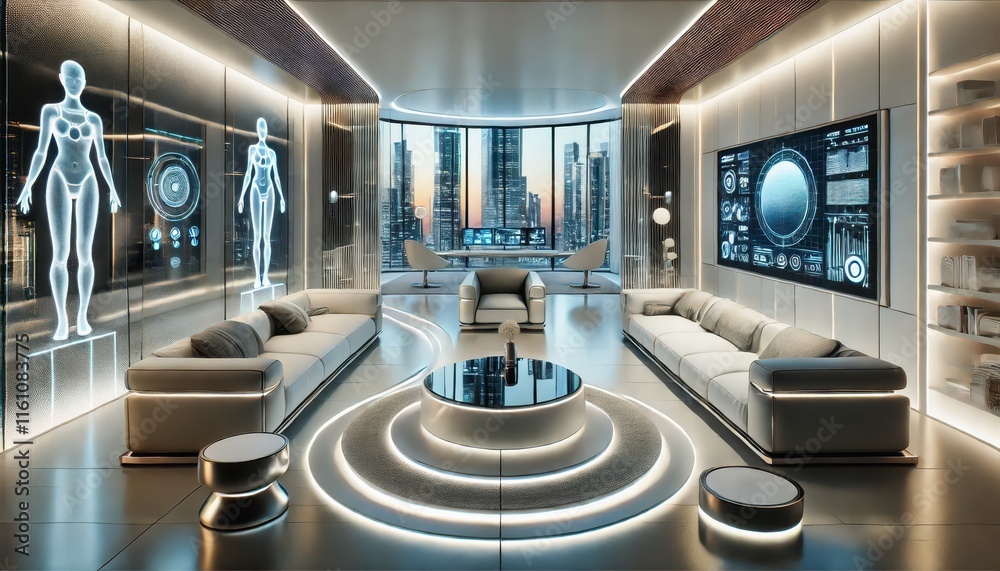 A futuristic living room design in a horizontal composition. The room features sleek and modern furniture with smooth curves and a metallic look. A futuristic living room design in a horizontal composition. The room features sleek and modern furniture with smooth curves and a metallic look.