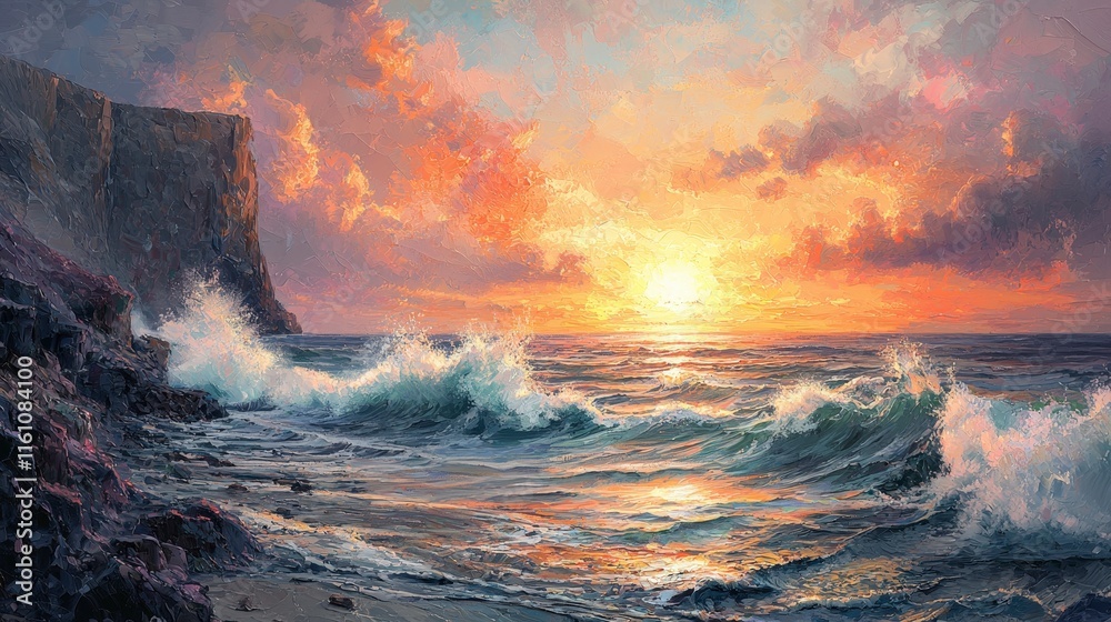 Fototapeta premium Dramatic Coastal Sunset with Crashing Waves and Cliff