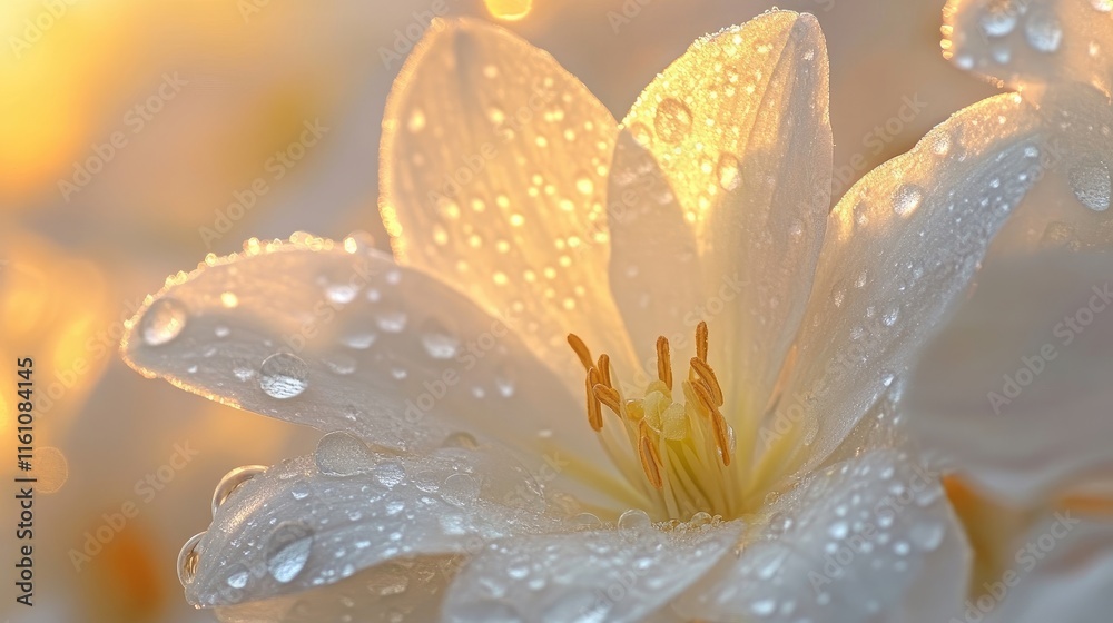 Fototapeta premium Raindrops glistening on white floral blooms under warm golden sunlight during sunset