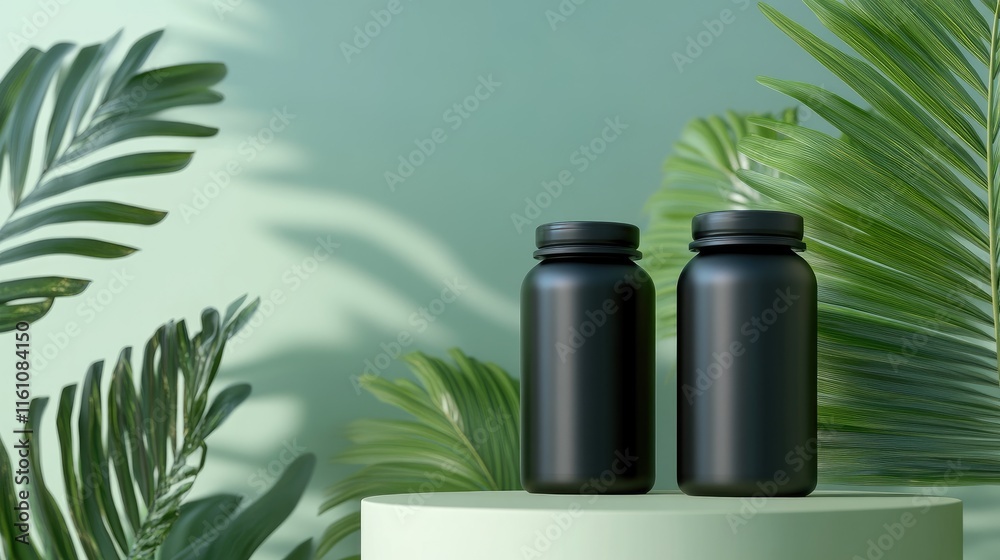 Fototapeta premium Black pill bottles mockup surrounded by tropical leaves in a minimalist design for promoting natural health and wellness products.