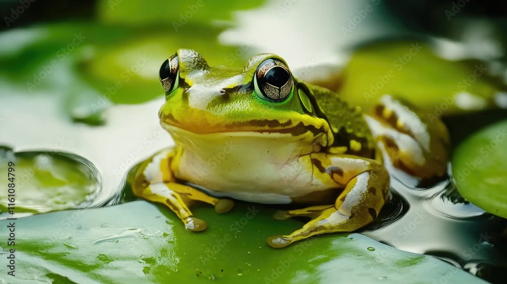 Swamp frog perched serenely on vibrant lily pads in a tranquil wetland environment showcasing nature's beauty and wildlife diversity. Swamp frog perched serenely on vibrant lily pads in a tranquil wetland environment showcasing nature's beauty and wildlife diversity.