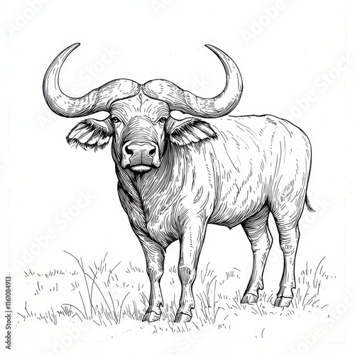 Cape Buffalo Line Art: Majestic African Cape Buffalo in detailed ink drawing, standing in the grass.  A powerful image for wildlife enthusiasts and nature lovers.  photo