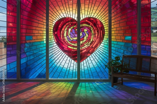 Vibrant stained glass heart window with colorful radiance.