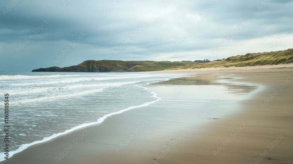 Tranquil Seascape with Gentle Waves Lapping on a Serene Beach Under Overcast Skies Tranquil Seascape with Gentle Waves Lapping on a Serene Beach Under Overcast Skies