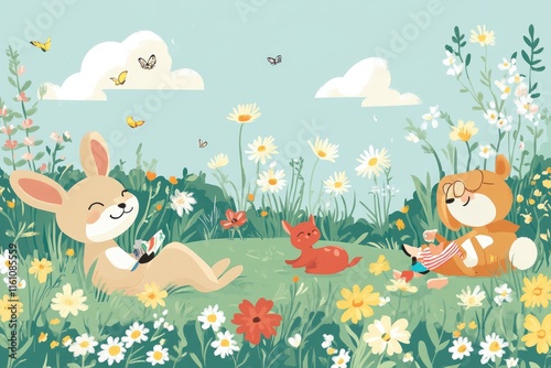 Happy Animals Relaxing in a Sunny Flower Field