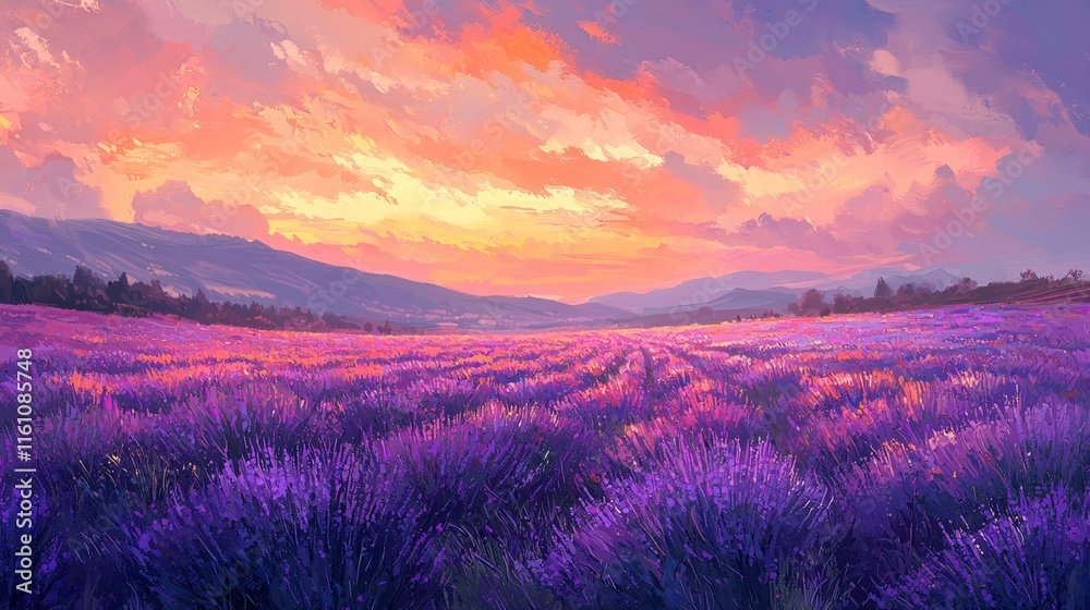 Obraz premium Lavender Field Sunset Serene Purple Panorama