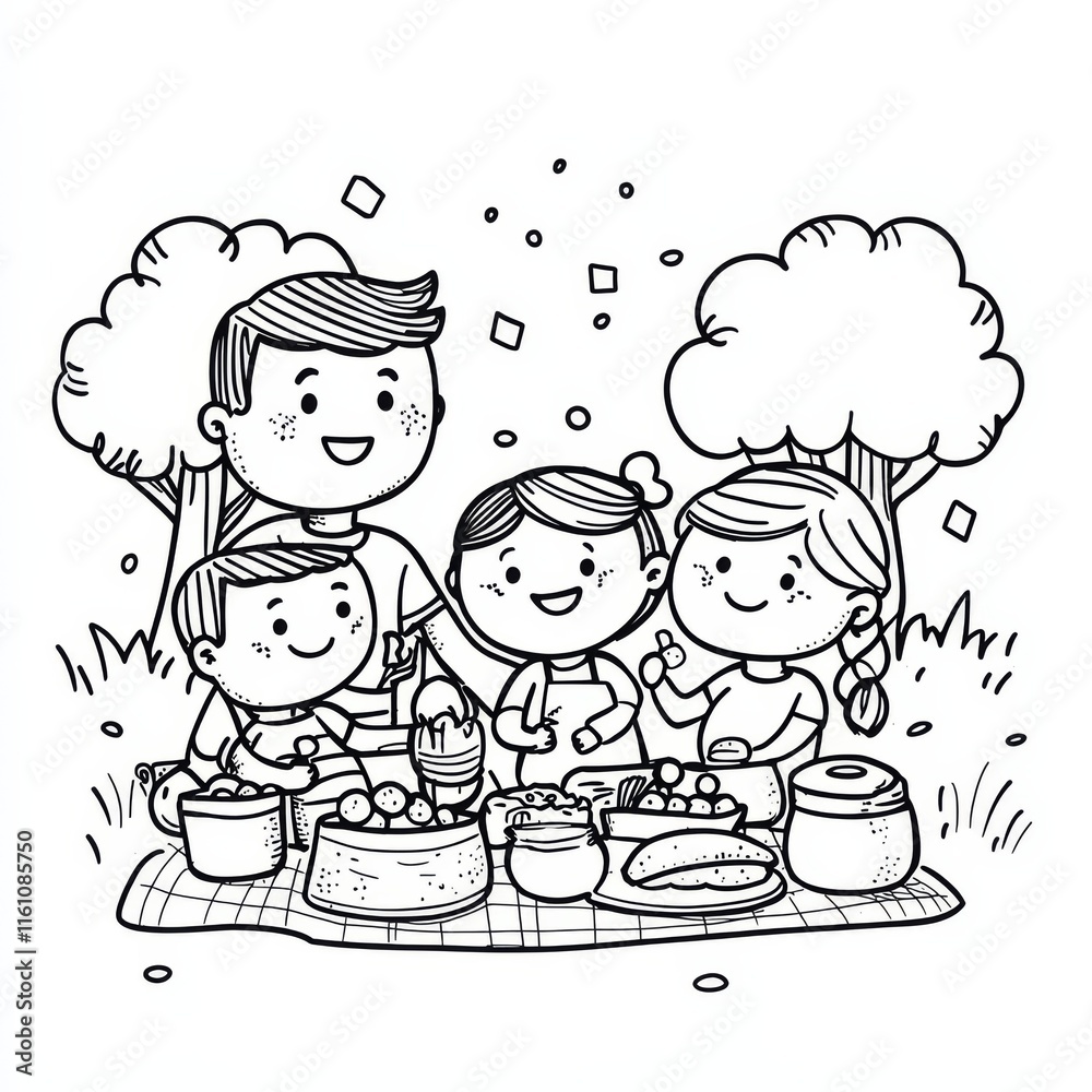 Family Picnic Illustration: A heartwarming illustration depicting a family enjoying a delightful outdoor picnic, surrounded by nature and happy moments. Family Picnic Illustration: A heartwarming illustration depicting a family enjoying a delightful outdoor picnic, surrounded by nature and happy moments.