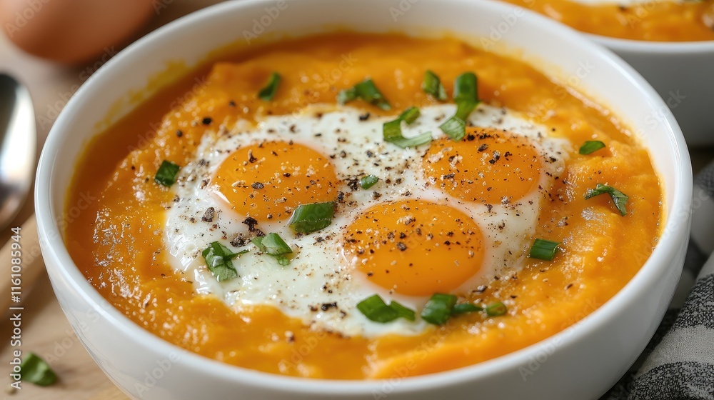 Creamy Sweet Potato Soup Topped with Fried Eggs and Fresh Chives in a White Bowl Creamy Sweet Potato Soup Topped with Fried Eggs and Fresh Chives in a White Bowl