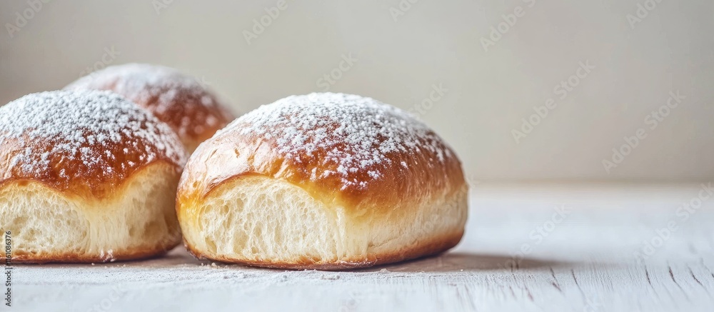 Flaky Yeast Buns Topped with Powdered Sugar on White Surface Freshly Baked Croissant Style Rolls Ideal for Bakery or Dessert Promotions Flaky Yeast Buns Topped with Powdered Sugar on White Surface Freshly Baked Croissant Style Rolls Ideal for Bakery or Dessert Promotions