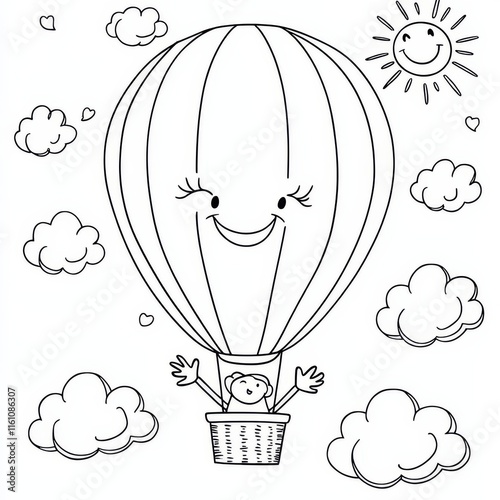 Happy Hot Air Balloon Ride: A whimsical and charming illustration of a hot air balloon with a smiling face, soaring through the clouds with a happy passenger. perfect for children's books.