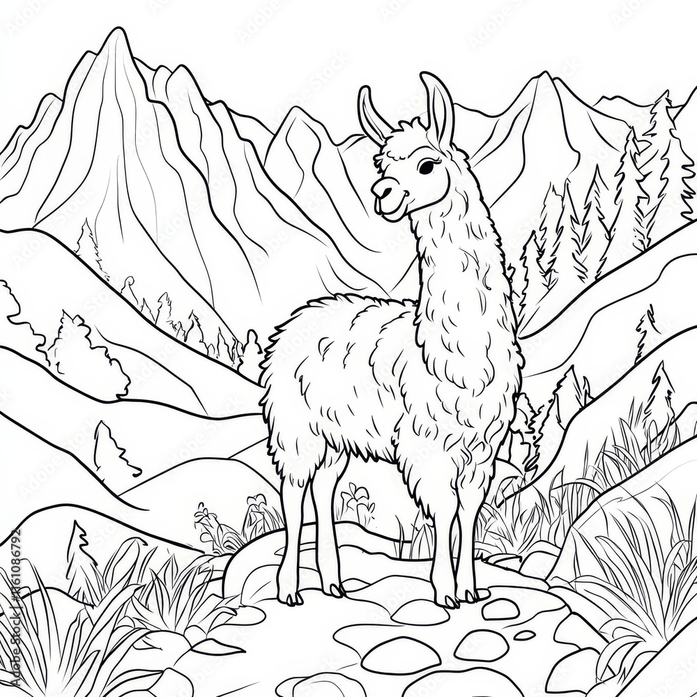 Fototapeta premium Llama in the Andes: A detailed illustration of a llama standing confidently amidst the majestic landscape of the Andes Mountains.