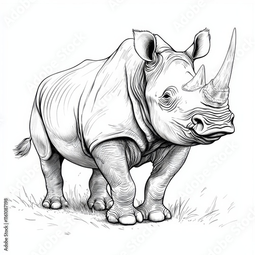 Majestic Rhino Portrait: A detailed pencil sketch of a rhinoceros, showcasing its powerful presence and intricate details. The rhino stands majestically in a patch of grass. photo