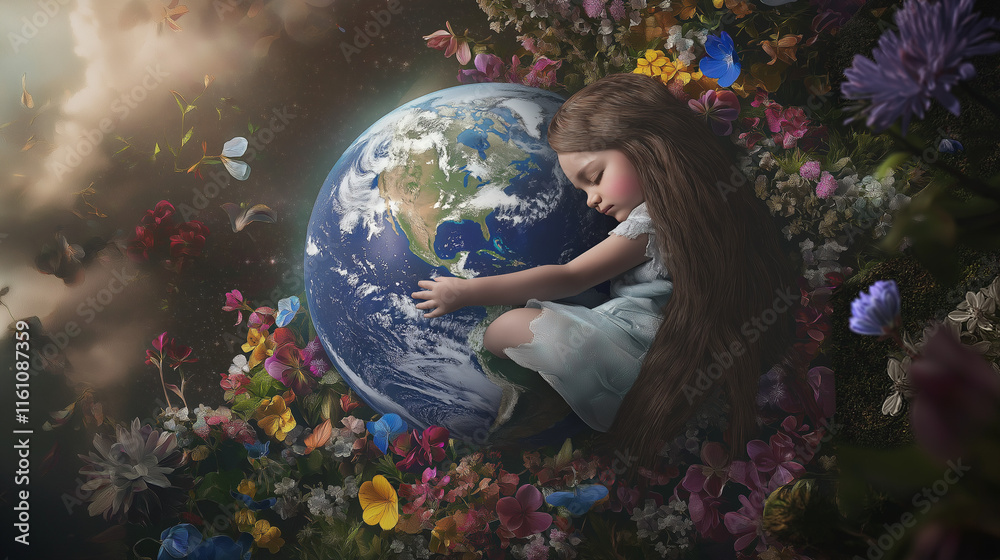 Naklejka premium Girl with long flowing hair sleeping on a flower-adorned globe, embodying Mother Earth in serene, environmental-themed digital art.