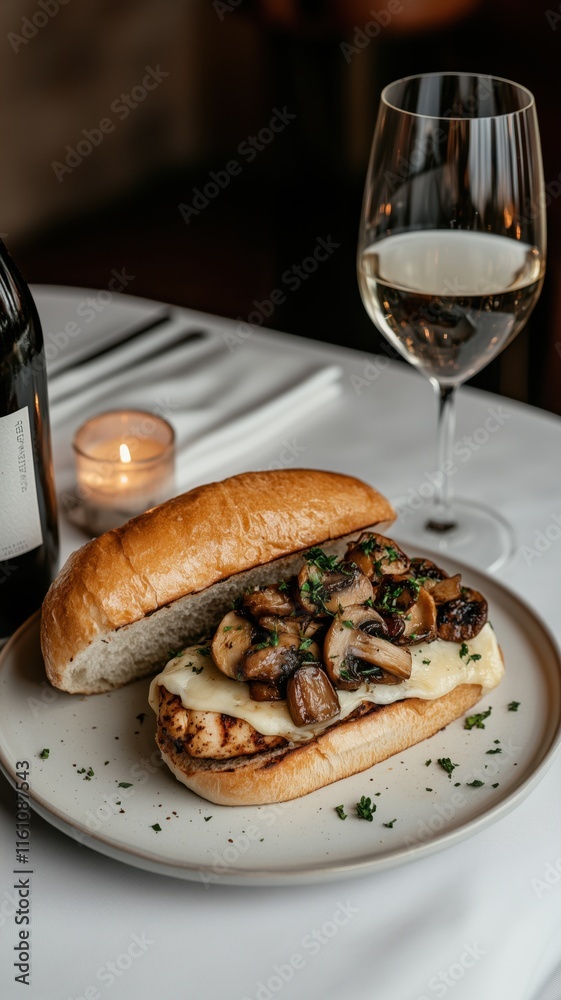 Hearty grilled chicken sandwich with mushrooms and cheese for gourmet dining Hearty grilled chicken sandwich with mushrooms and cheese for gourmet dining