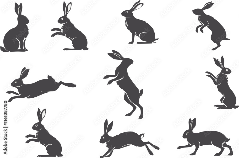 Collection of Black Rabbit Silhouettes Depicting Various Poses and Movements Collection of Black Rabbit Silhouettes Depicting Various Poses and Movements