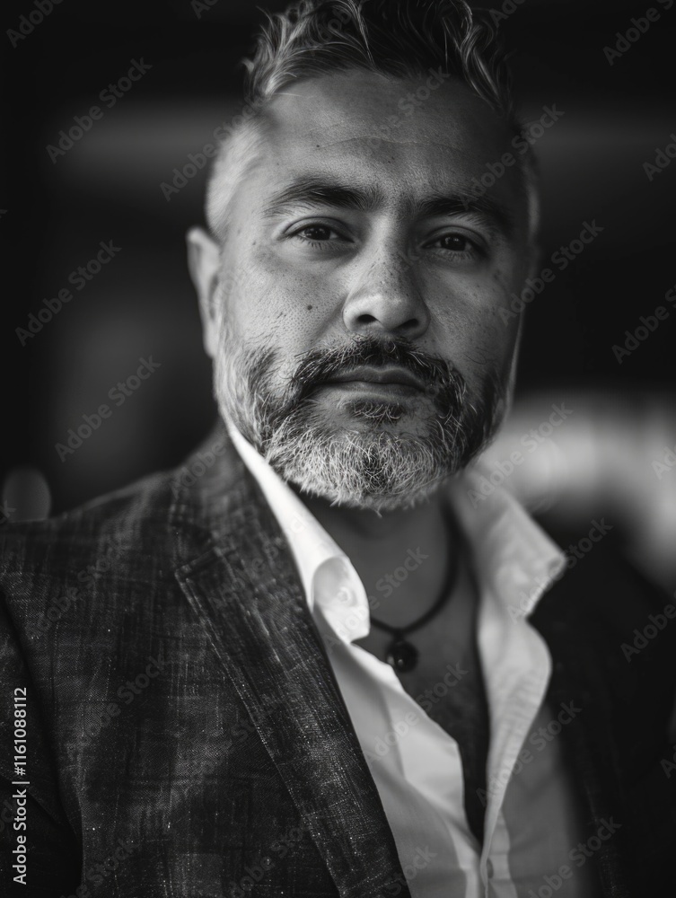 Portrait of man with beard and mustache wearing a black suit, appearing confident and professional. Portrait of man with beard and mustache wearing a black suit, appearing confident and professional.
