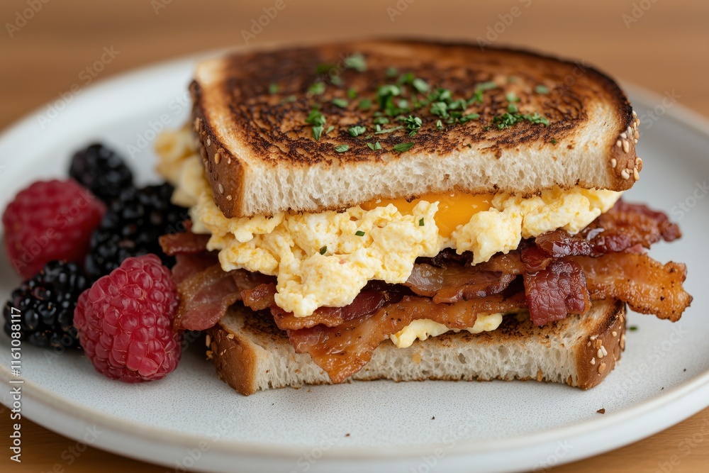 Indulgent breakfast super sandwich with scrambled eggs and bacon on toast Indulgent breakfast super sandwich with scrambled eggs and bacon on toast
