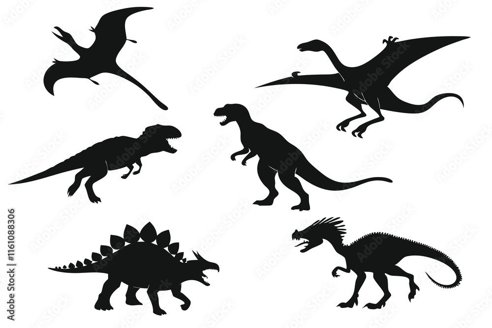 Silhouettes of Dinosaurs Including Pterodactyl and T-Rex in Black Silhouettes of Dinosaurs Including Pterodactyl and T-Rex in Black