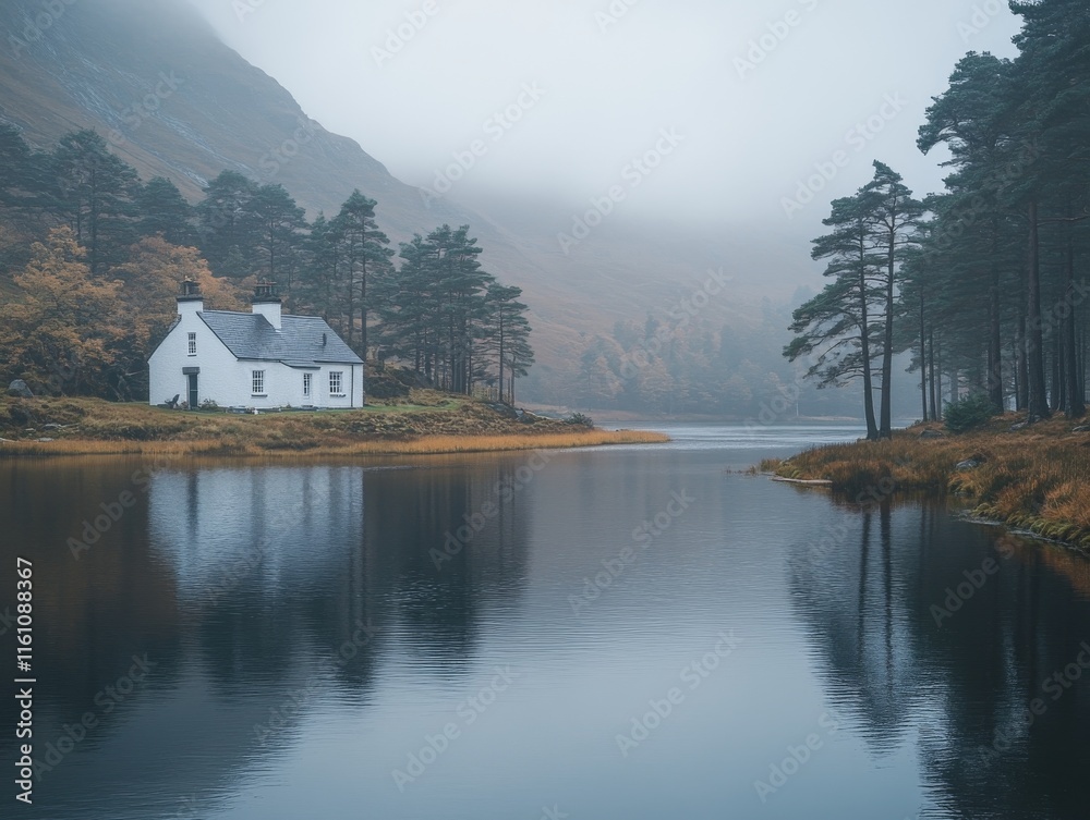 Fototapeta premium A serene lakeside scene featuring a white house surrounded by trees and misty mountains.
