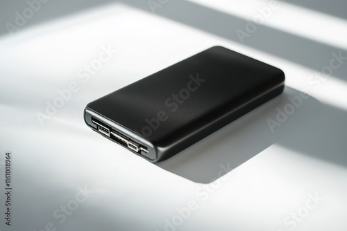 sleek portable ssd drive displayed on smooth white surface under bright directional lighting photo