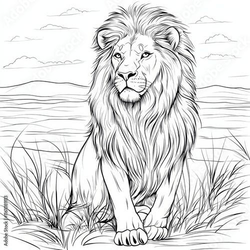 Majestic Lion in the Savannah: A regal lion sits proudly amidst tall grass, showcasing its majestic mane against a serene savanna backdrop. photo