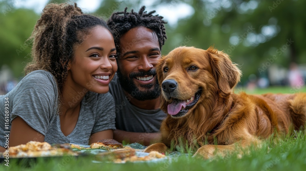 Couple enjoys a picnic with their dog in a sunny outdoor setting surrounded by nature Couple enjoys a picnic with their dog in a sunny outdoor setting surrounded by nature