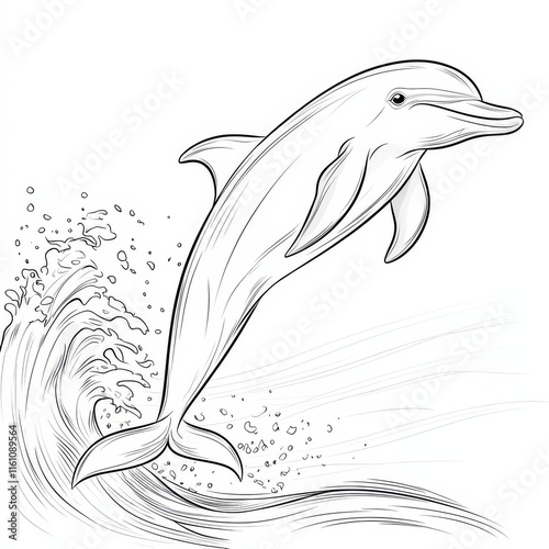 Dolphin's Leap of Joy: A graceful dolphin leaps from the ocean waves, captured in a stunning line drawing.  The image evokes a sense of freedom, playfulness, and the beauty of marine life.  photo