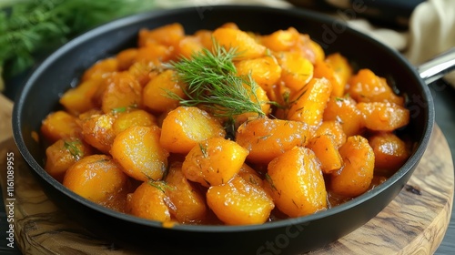 Sweet and sour baby potatoes with dill garnish in a frying pan on a wooden board showcasing a delicious and vibrant dish. photo