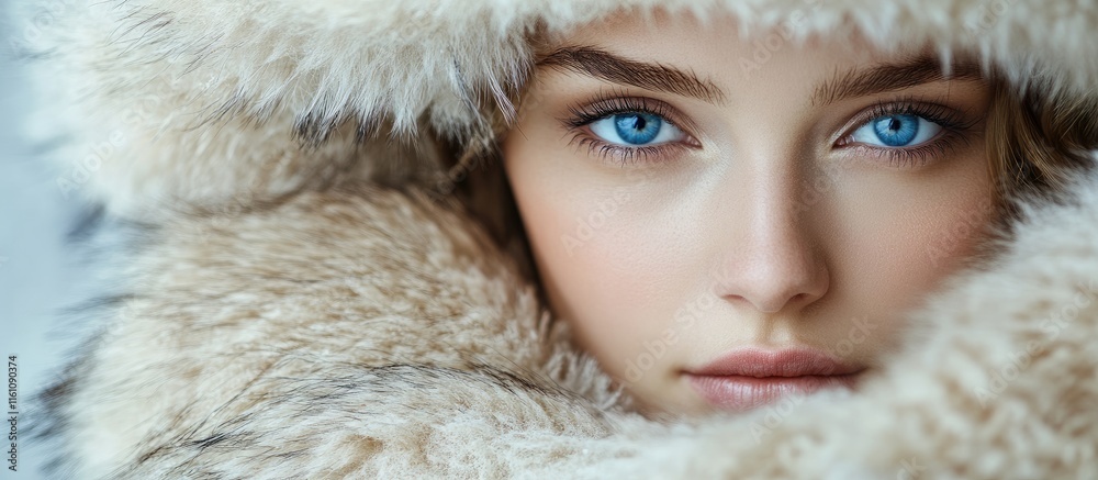 Close up of a young woman with blue eyes in a vintage fur coat during winter with space for text overlay Close up of a young woman with blue eyes in a vintage fur coat during winter with space for text overlay