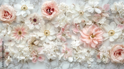 Fototapeta Naklejka Na Ścianę i Meble -  Dreamy composition of soft pink and white flowers on a marble background creating a serene and elegant floral arrangement.