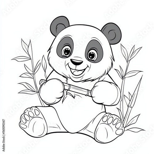 Adorable Panda Cub: A charming black and white illustration of a happy panda cub holding a bamboo stick, surrounded by bamboo leaves. This adorable image is perfect for children's books. photo