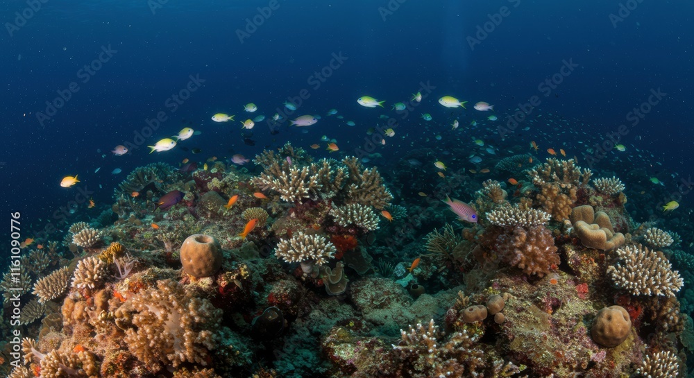 Vibrant Coral Reef Ecosystem: A mesmerizing underwater scene teeming with life. Diverse coral formations and a school of colorful fish create a breathtaking spectacle of marine biodiversity. Vibrant Coral Reef Ecosystem: A mesmerizing underwater scene teeming with life. Diverse coral formations and a school of colorful fish create a breathtaking spectacle of marine biodiversity.