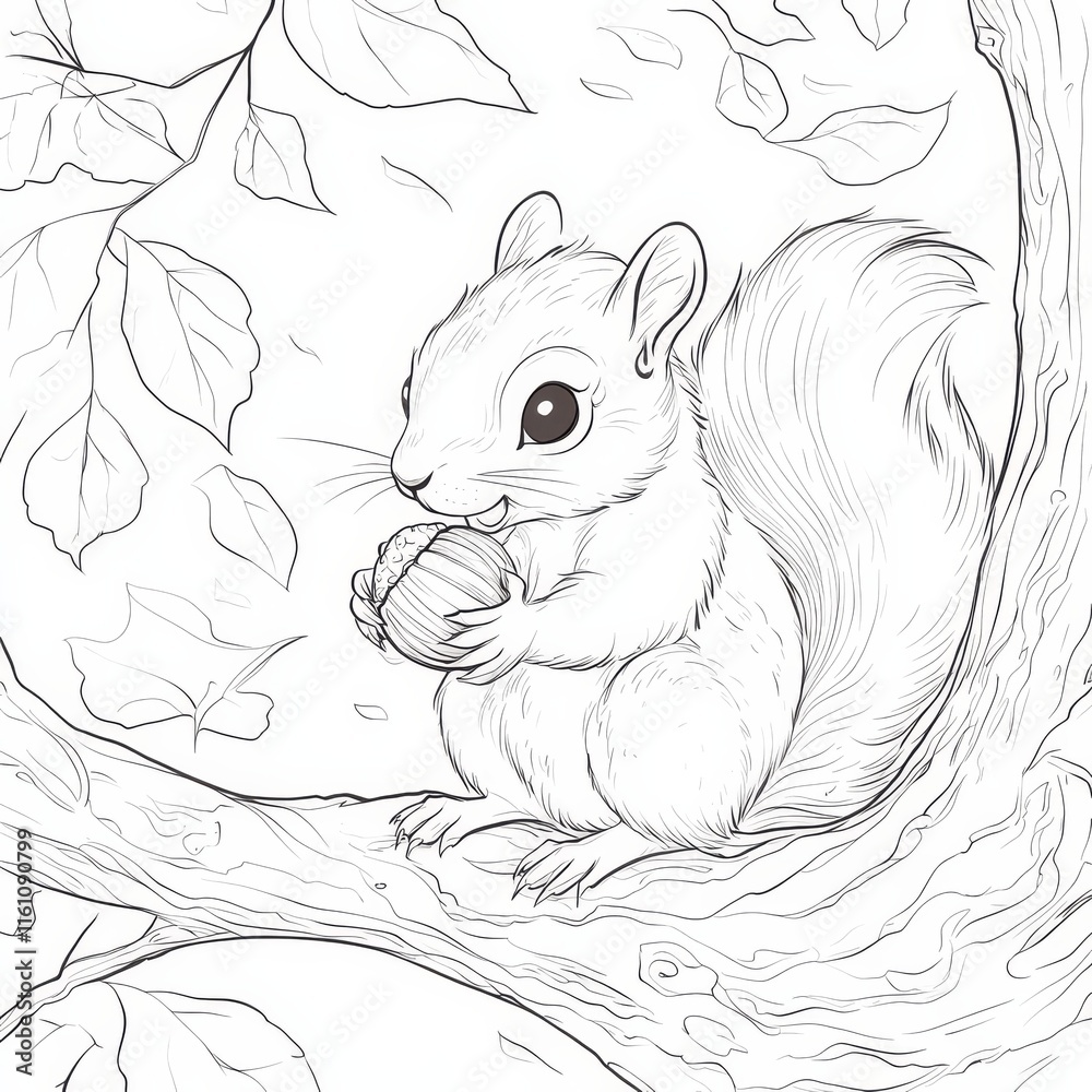 Obraz premium Squirrel with a Nut in a Tree: A charming squirrel, rendered in delicate lines, perches contentedly on a tree branch, clutching a nut, surrounded by leaves and foliage.