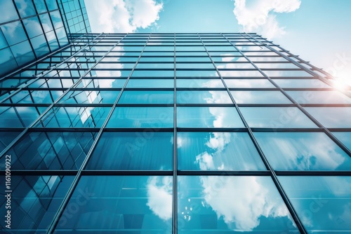 Upscale downtown skyscraper with transparent walls  symbol of contemporary business and real estate markets. Glass windows reflecting sky and clouds.