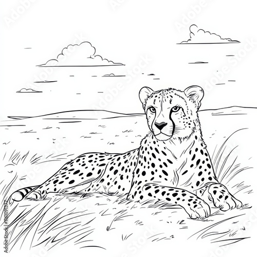 Cheetah in the Savanna: A majestic cheetah lies in wait, its watchful gaze fixed on the horizon, against a backdrop of rolling grasslands and fluffy clouds. photo